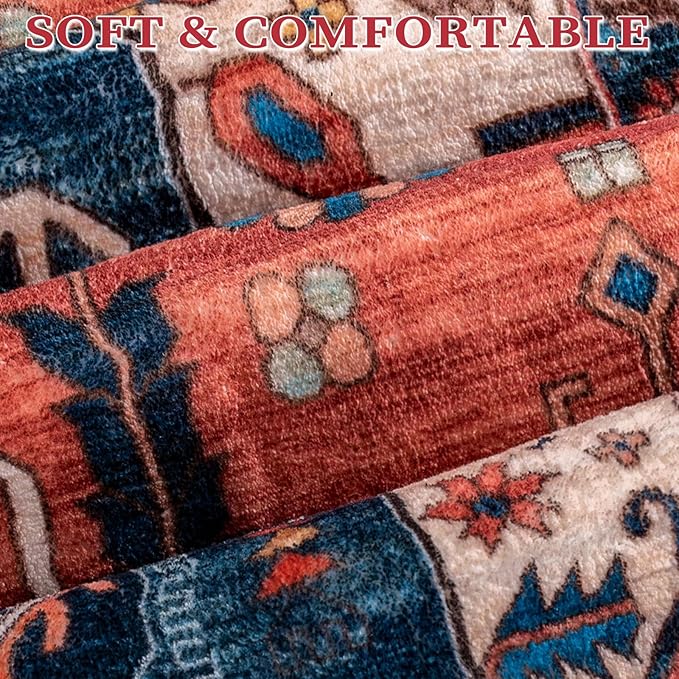 SERISSA 7x10 Area Rugs for Living Room, Large Washable Non-Slip Boho Rug, Ultra Soft Vintage Rust Oriental Tribal Print Distressed Carpet for Dining Room Bedroom Dorm Office Home Decor
