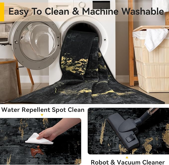 Washable Area Rugs 2x7 Non-Slip Modern Abstract Soft for Living Room Entryway Bedroom Nursery, Print Pattern, Dark Black Gold