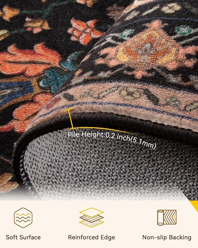 Area Rugs 2'6''x14' Runner Rug Non Slip Washable for Kitchen Hallway Bedroom Beside Laundry Room Bathroom Rug, Floor Carpet, Black Colorful Floral Dark Tan