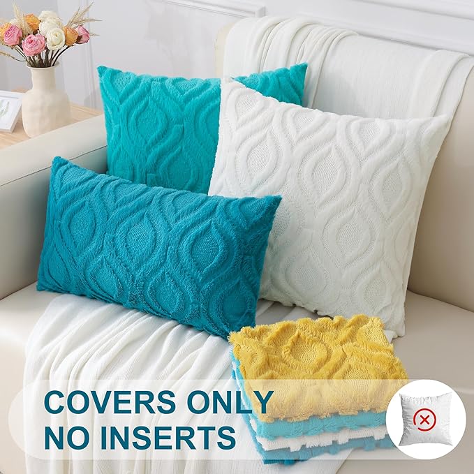 decorUhome Summer Throw Pillow Covers 16x16 Inch Set of 2, Soft Plush Faux Wool Turquoise Solid Couch Pillow Covers, Accent Farmhouse Neutral Square Pillow Cases for Sofa Bed Living Room
