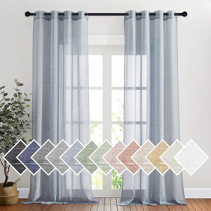 NICETOWN Sheer Curtains Flax Texture for Bedroom, Retro Grommet Top Linen Textured Semitransparent Privacy Window Treatment Light Filter for Living Room, 52" W x 108" L, Set of 2, Sea Mist