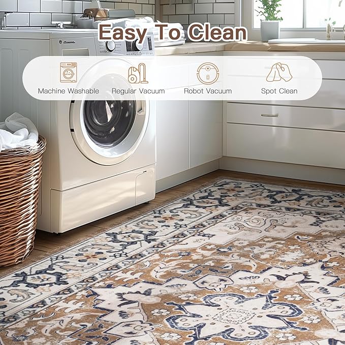 Lofus 4x6 Area Rugs for Living Room, Washable Area Rug, Rugs for Bedroom, Kitchen, Vintage Boho Carpet, Soft Non-Slip, Low Pile Large Area Rug for Office Dining Room, Floral Brown