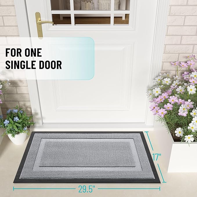 OLANLY Front Door Mat Indoor Outdoor Entrance, Waterproof All-Season, All-Weather Doormat, Sturdy Natural Rubber, Low Profile, Easy Clean Patio Porch Entryway Mat, 71x23, Silver Gray