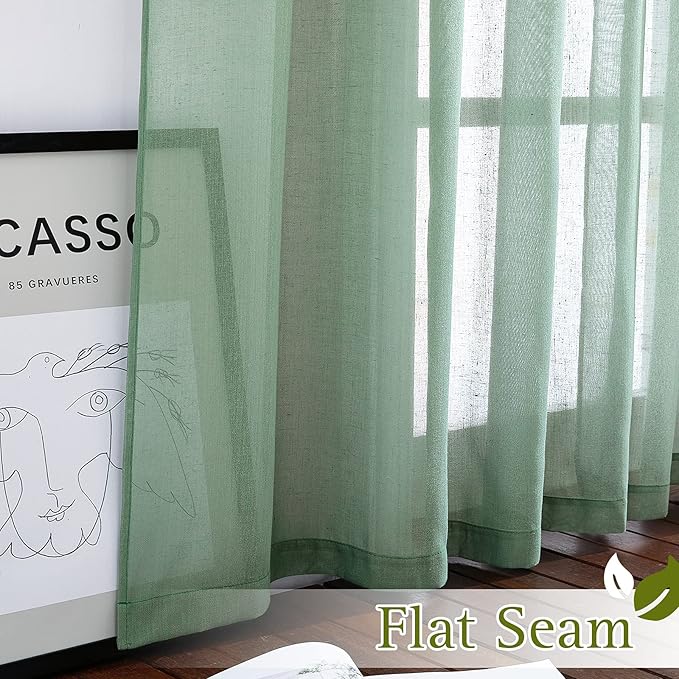 NICETOWN Linen Curtains Flax Sheer Texture for Living Room, Grommet Semi Sheer Vertical Drapes Privacy with Light Filter for Home Office/Farm House, W52 x L96, Olive Green, 1 Pair