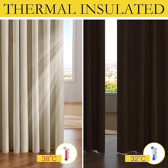 NICETOWN Cream 100% Blackout Short Curtains 63 inches Lenghth Burg for Kitchen, 2 Panels, Burlap Linen Drapes with Thermal Insulated Grey Liner, Keeping Out Cold Air and Heat Panels