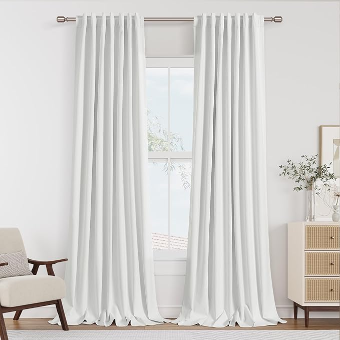 Guken White 100% Blackout Linen Curtains 126 Inch Length 2 Panels Set for Living Room Bedroom Back Tab Thermal Insulated Black Out Drapes Room Darkening Farmhouse Window Curtains 52x126