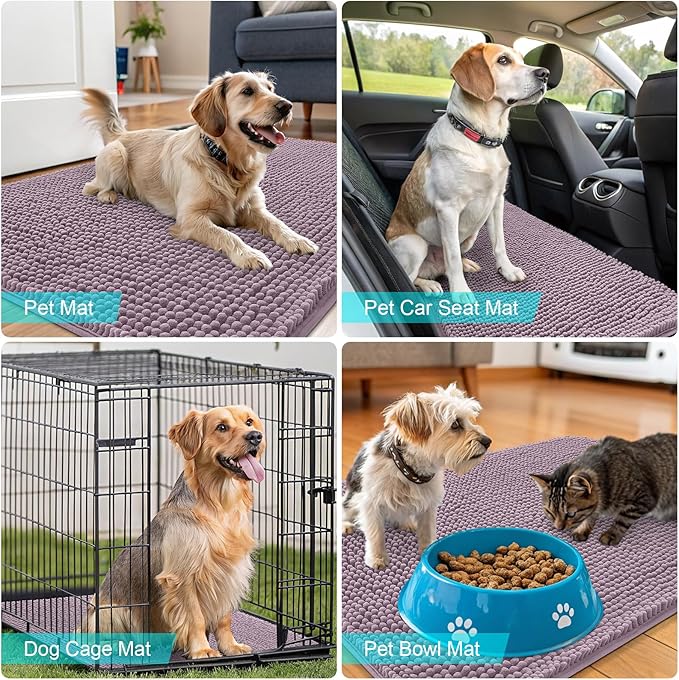 OLANLY Dog Door Mat for Muddy Paws 34x21, Absorbs Moisture and Dirt, Absorbent Non-Slip Washable Doormat, Quick Dry Chenille Mud Mat for Dogs, Entry Indoor Entryway Carpet for Inside Floor, Deep Plum