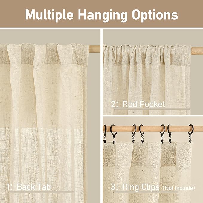 LAMIT Semi Sheer Linen Curtains 54 Inch Length 2 Panels, Beige Light Filtering Panels Back Tab and Rod Pocket Neutral Drapes for Kitchen/Window/Dining Room, 52 x 54 Inch