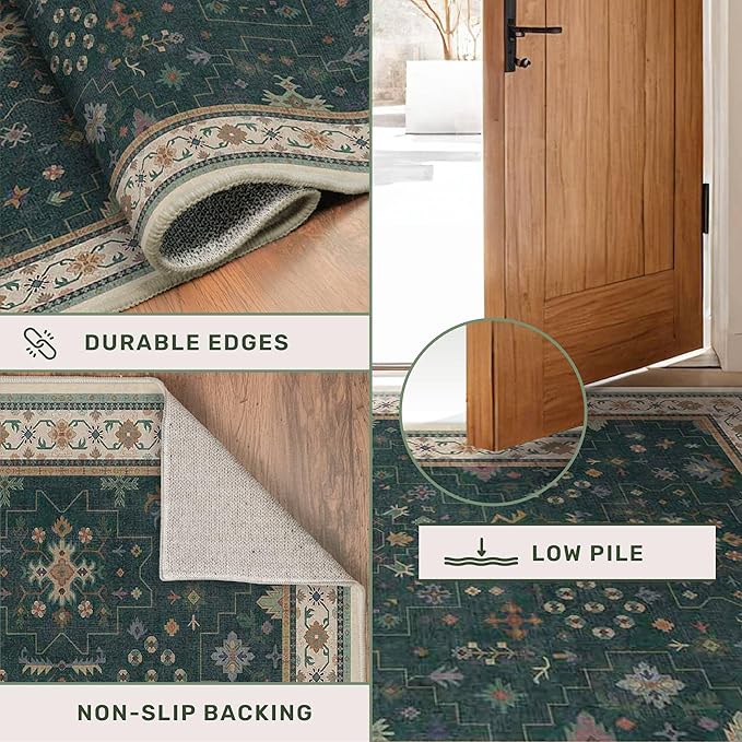 Hazo Haus Dark Green Kitchen Rug 10 ft Long - Modern Vintage Boho Unique Floral with Gold Accent, Washable Low Pile Non-Slip Extra Long Wide Runner Rugs for Hallway, 3x10