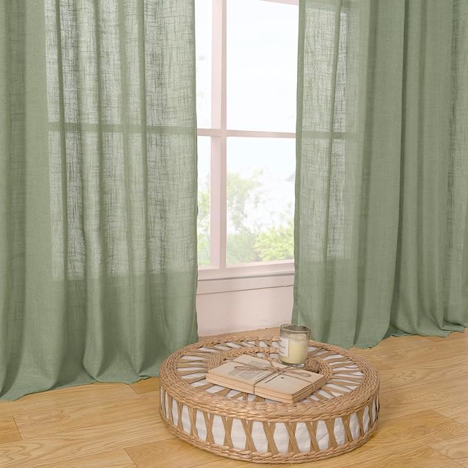 LAMIT Sage Green Linen Curtains 54 Inch Length 2 Panels, Light Filtering Panels Back Tab and Rod Pocket Neutral Drapes for Kitchen/Window/Bedroom, 52 x 54 Inch