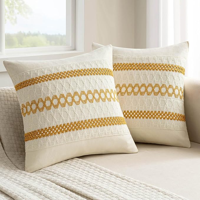 MIULEE Set of 2 Mustard Yellow Boho Decorative Pillow Covers 18x18 Inch Farmhouse Rustic Couch Throw Pillows Modern Spring Cotton Cushion Covers Retro Cute Macrame Woven Home Decor for Bed Sofa Chair