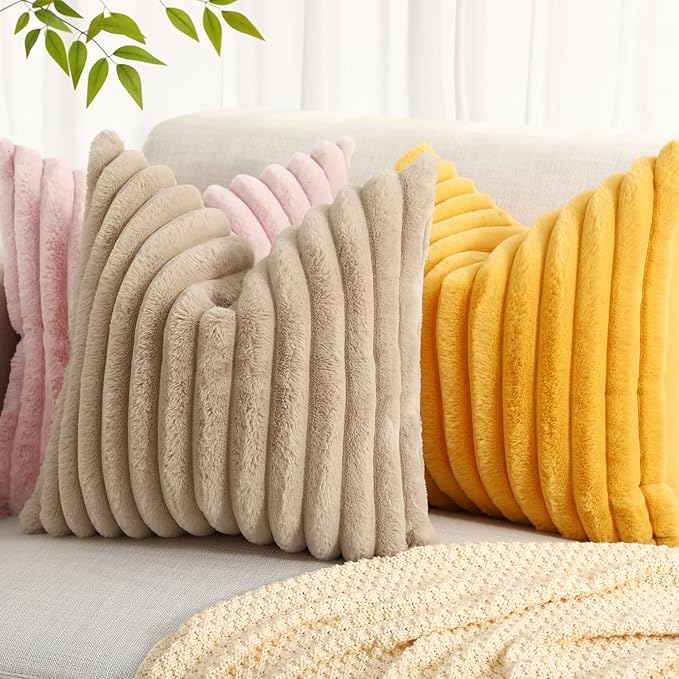 decorUhome Summer Cozy Faux Fur Throw Pillow Covers 20x20 Set of 2 Decorative Soft Plush Striped Modern Farmhouse Boho Couch Pillow Cases with Velvet Back for Sofa Bed Living Room, Mustard Yellow
