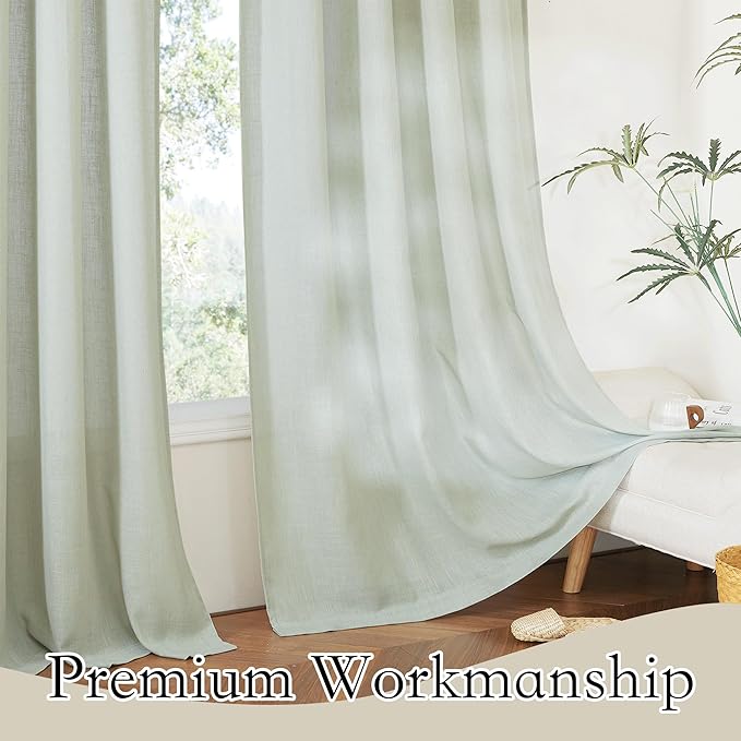 RYB HOME Linen Kitchen Curtains - Back Tab Natural Soft Texture Light Filtering Half Privacy Semi Sheer for Living Room Doorway Home Office, W 52 x L 36 inch, 2 Pcs, Sage Green