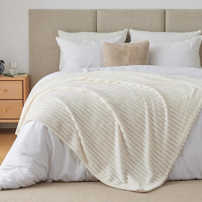 BEDELITE Fleece Throw Blanket for Couch - 300GSM Soft & Warm Fluffy Cream White Blanket, Decorative and Giftable Striped Blankets for Women, Men, 50"x60"