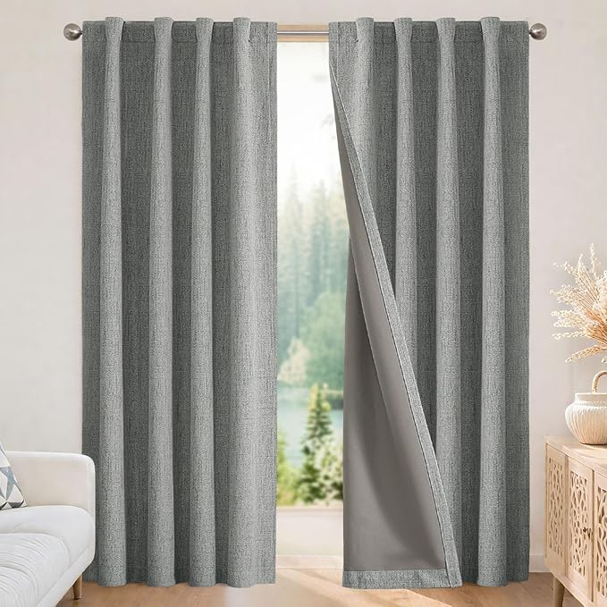 Joydeco Blackout Curtains for Bedroom - 100% Light Blocking 2 Panels Light Grey Drapes 37"W x 108"L, Thermal Insulated Room Darkening Curtains, Linen Textured for Living Room, Rod Pocket & Back Tabs
