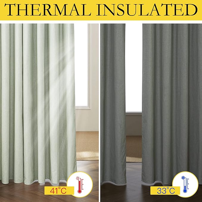 NICETOWN Sage Green Kitchen Linen Completely Shaded Draperies, 2 Pieces, W52 x L63, Privacy Protection & Noise Reducing Ring Top Drapes, White Lined Insulated Window Treatment Curtain Panels