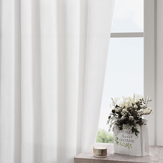 Nanspring White Cafe Curtains 54 Inch Length Set 2 Panel Kitchen Back Tab Pocket Drapes Semi Sheer Short Linen Textured Sheer White Curtain Modern Decor for Small Bathroom Window