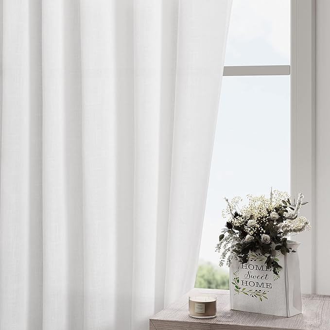 White Linen Curtains 100 inches Long for Bedroom Back Tab Light Filtering Privacy Sheer White Curtains Modern Farmhouse Coastal Decor Off White Cotton Textured Curtain for Living Room 2 Panel Set