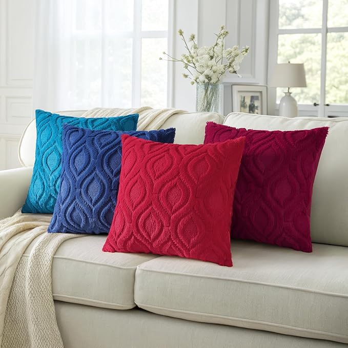 decorUhome Throw Pillow Covers 24x24 Inch Set of 2, Soft Plush Faux Wool Red Solid Couch Pillow Covers, Accent Euro Sham Farmhouse Neutral Square Pillow Cases for Sofa Bed Living Room