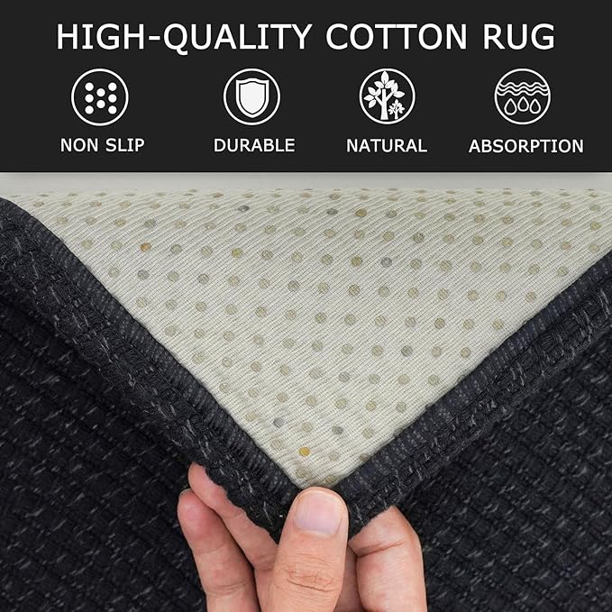 KOZYFLY Runners for Hallways 2x10 ft Washable Kitchen Runner Non Slip Rubber Backed Hallway Rugs Cotton Entryway Runner Rug Floor Carpet for Indoor Hall, Backdoor, Kitchen, Black/Dark Grey
