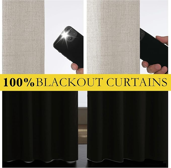 NICETOWN Brich Vintage Open Linen Weave Flax Thermal Curtains, 100% Blackout Curtains 108" Long for Dining Room, Soundproof Window Treatment Drapes for Home Office, 62" Wide Per Panel, Set of 2