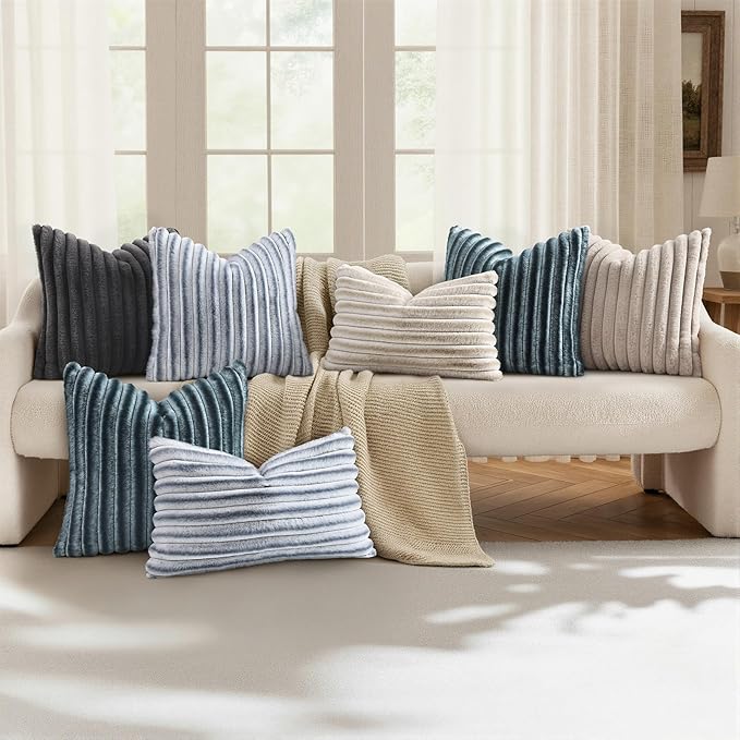 decorUhome Cozy Faux Fur Throw Pillow Covers 16x16 Set of 2 Decorative Soft Plush Striped Modern Farmhouse Boho Couch Pillow Cases with Velvet Back for Sofa Bed Living Room, Grey White