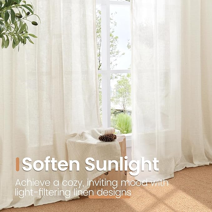 BGment Beige Semi Sheer Linen Curtains 45 Inch Length for Short Kitchen Window - Cream Textured Drapes Light Filtering with Rod Pocket Lightweight for Bathroom, 2 Panels, Each Panel 42 Inch Wide