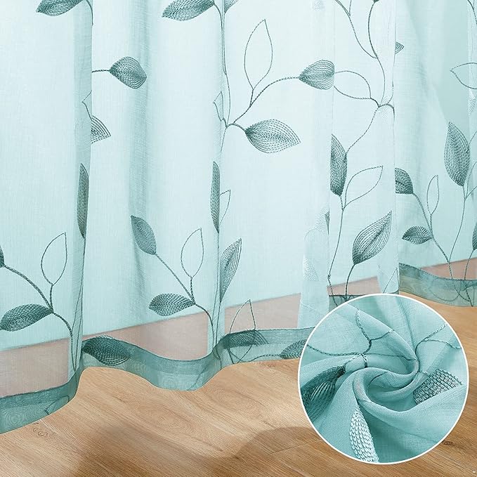 HOMEIDEAS Turquoise Aqua Sheer Curtains 52 X 84 Inches Length 2 Panels Embroidered Leaf Pattern Pocket Faux Linen Floral Teal Voile Window Drapes for Bedroom Living Room