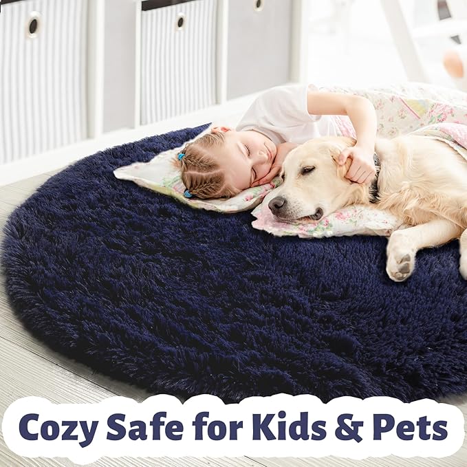 Dark Navy Round Rug 6Ft for Living Room Boys Bedroom, Fluffy Furry Fuzzy Plush Circle Area Rugs for Kids Room Decor Aesthetic, Indigo Shag Cool Dark Blue Carpet for Classroom Teen Dorm Baby Nursery