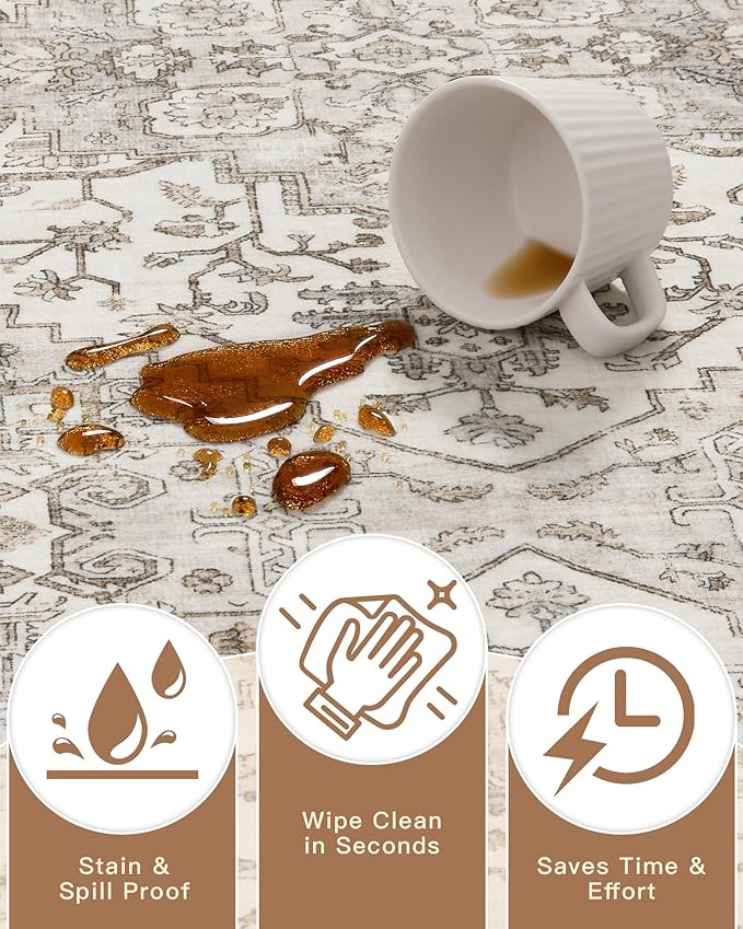 Madane 4x12 Wide Hallway Runners: Washable 12ft Runner Rug for Entryway Living Room Soft Vintage Non Slip Carpet Runner for Kitchen Dining Room Nursery Bedroom Thin Area Rug (Beige/Brown, 4x12ft)
