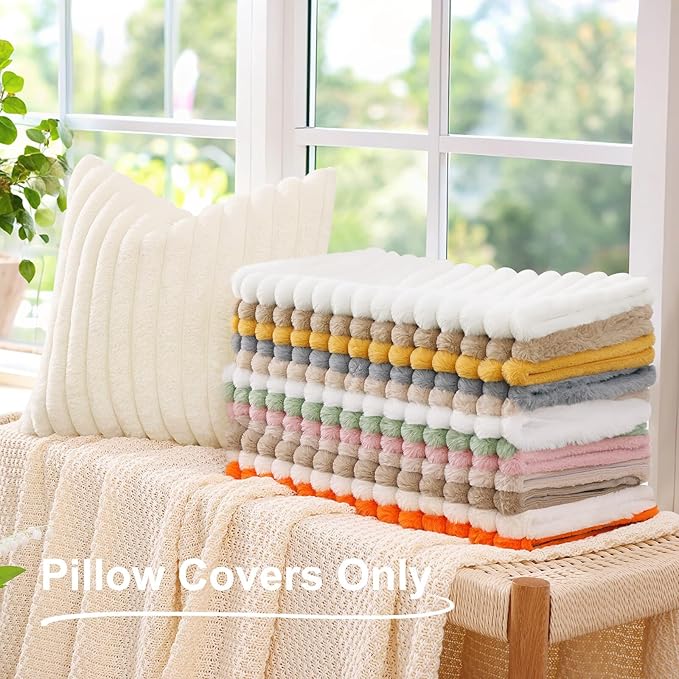 decorUhome Summer Cozy Faux Fur Throw Pillow Covers 20x20 Set of 2 Decorative Soft Plush Striped Modern Farmhouse Boho Couch Pillow Cases with Velvet Back for Sofa Bed Living Room, Pink