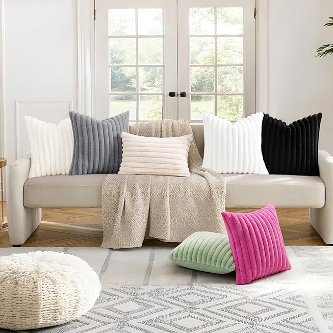decorUhome Cozy Faux Fur Throw Pillow Covers 26x26 Set of 2 Decorative Soft Plush Striped Modern Farmhouse Boho Couch Euro Sham Pillow Cases with Velvet Back for Sofa Bed Living Room, Grey