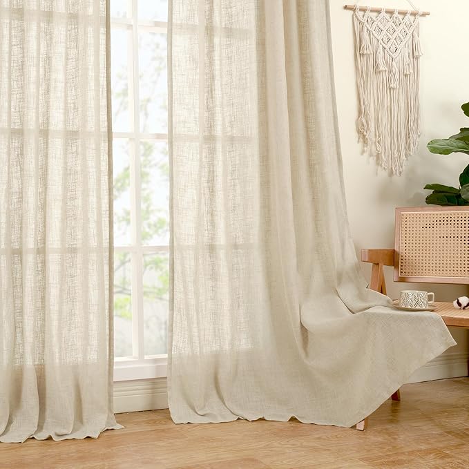LAMIT Short Window Linen Curtains 30 Inch Length for Cafe, Semi Sheer Light Filtering Panels Bronze Grommet Cafe Drapes for Half Window, 2 Panels, Linen, 34 x 30 Inch