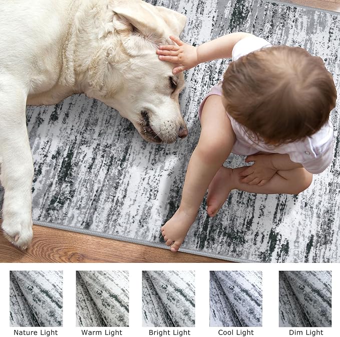 Lansny Modern Abstract 5x7 Machine Washable Area Rug Non-Slip Soft Bedroom Living Romm Rug Black Gray White Ultra Thin Print Faux Wool Floor Carpet Throw Rugs for Nursery Playroom Dining Room Indoor