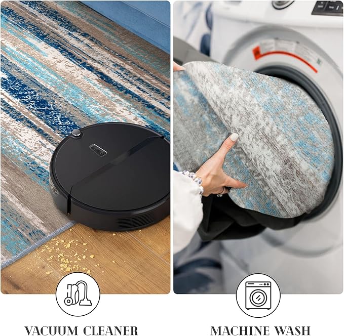 Lansny Modern Abstract Runner Rug 2.6x14, Blue Washable Long Kitchen Runner Non-Slip Soft Hallway Rug Runner Thin Print Faux Wool Carpet for Entryway Bedroom Laundry Room Indoor Home Decor