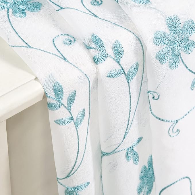HOMEIDEAS White and Blue Embroidered Floral Sheer Curtains 63 Inch Length 2 Panels Flower Pattern Semi Sheer Window Curtains for Bedroom Living Room