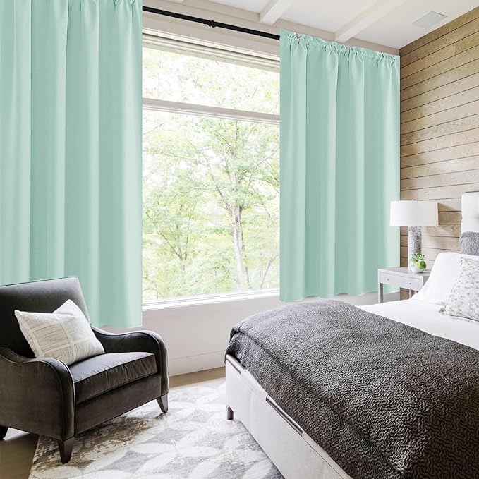 DWCN Blackout Curtains for Living Room Thermal Insulated, Energy Saving & Noise Reducing Bedroom Curtains, Mint Green, W 52x L 45 Inch, Set of 2 Rod Pocket Curtain Panels