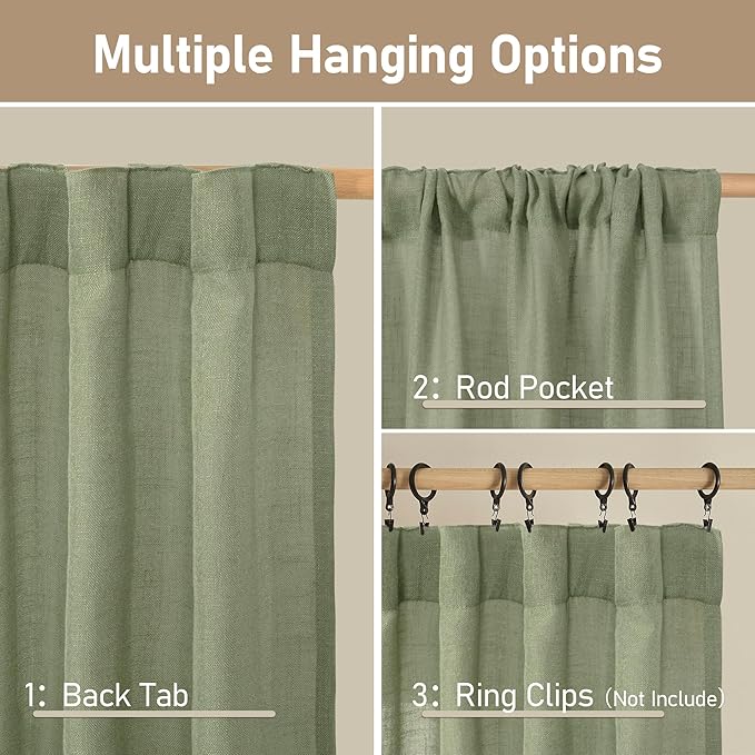 LAMIT Semi Sheer Linen Curtains 45 Inches Long 2 Panels, Sage Green Light Filtering Panels Back Tab and Rod Pocket Neutral Drapes for Kitchen/Window/Bedroom, 52 x 45 Inch