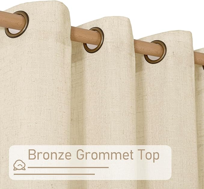 LAMIT Linen Semi Sheer Curtains 72 Inches Long for Bedroom, Beige Light Filtering Panels Bronze Grommet Boho Window Drapes for Living Room/Farmhouse, 2 Panels, 34 x 72 Inch