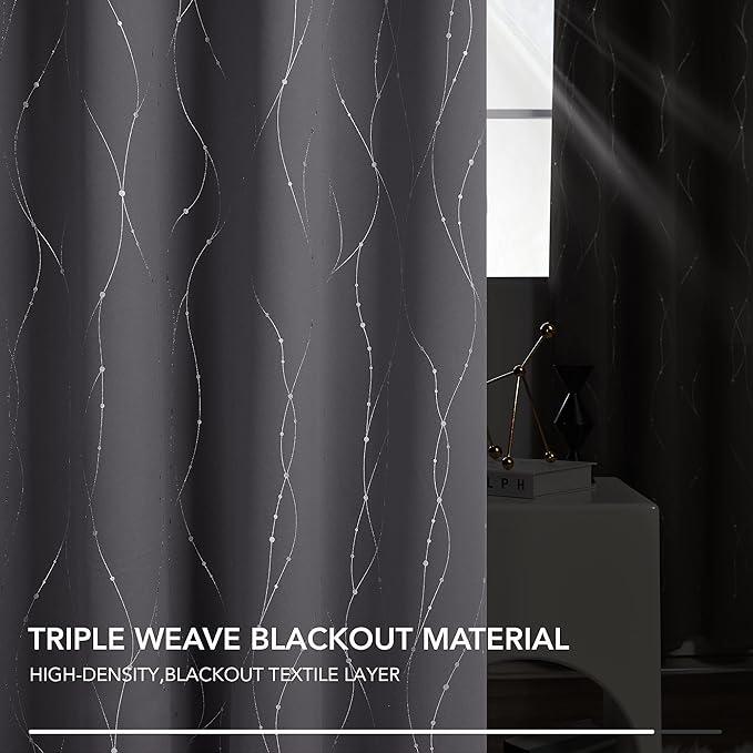 Deconovo Grey Blackout Curtains for Living Room, Thermal Insulated Soundproof Drapes, Wave Dots Foil Print, 52 x 95 Inches Long, 2 Panels, Machine‑Washable Window Panel for Bedroom Nursery Office