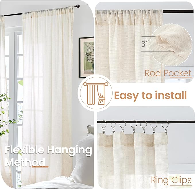BGment Extra Long Beige Linen Curtains 96 Inch Length for Living Room - Light Filtering Window Treatments with Rod Pocket for Farmhouse Bedroom, 2 Panels, Each Panel 52 Inch Wide