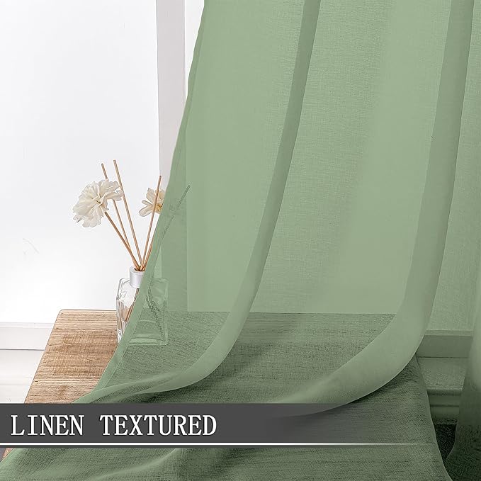 Tollpiz Short Sheer Curtain Linen Textured Living Room Curtains Sheer Light Filtering Rod Pocket Voile Curtain for Bedroom, 42 x 54 inches Long, Sage Green, Set of 2 Panels