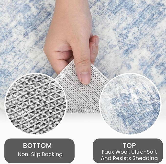 IOHOUZE Abstract Runner Rug 3x16 Ft Washable Runners for Hallways, Non Slip Kitchen Runner Printed Faux Wool Entryway Runner Indoor, Modern Abstract Floor Carpet for Hall Stair, Light Blue Grey