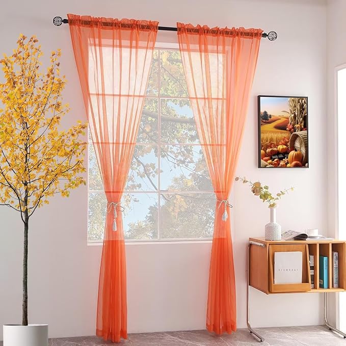 youleyar Solid Sheer Rod Pocket Curtain Voile Draperies 2 Panels White Beige Black Grey Coffee 52 Inch Width 96 Inch Long 1 Pair for Kitchen Bedroom Children Living Room Yard (Orange Red,52Wｘ96L)