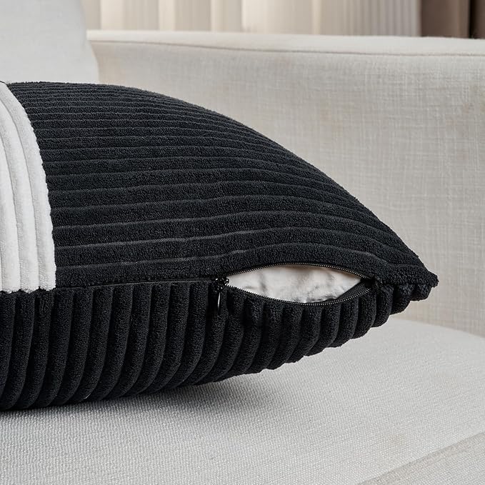 Fancy Homi Set of 2 Black White Euro Decorative Throw Pillow Covers 28x28 Inch for Bedroom Couch Bed, Farmhouse Boho Home Decor, Soft Cross Corduroy Patchwork Textured Square Cushion Case 71x71 cm