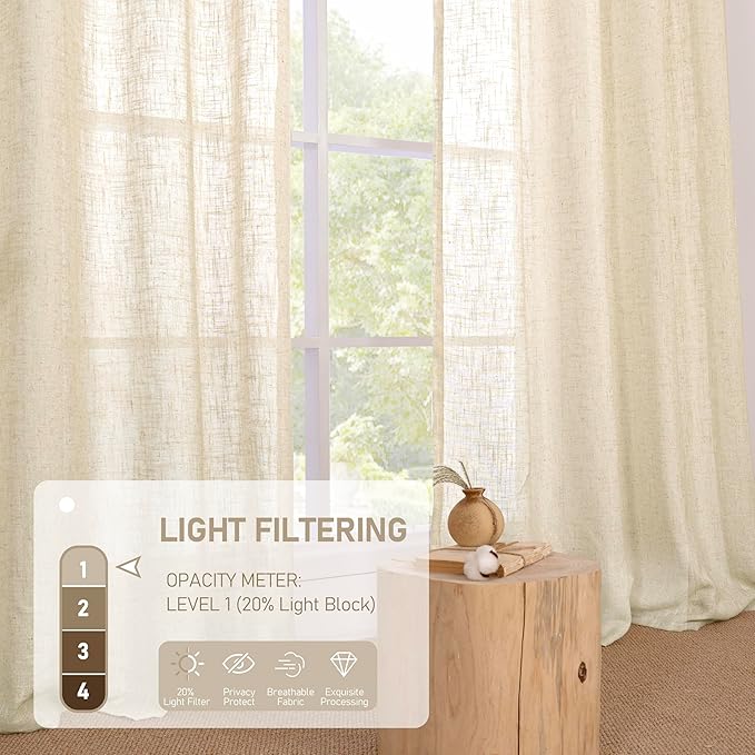 LAMIT Beige Linen Curtains 84 Inch Length 2 Panels for Living Room, Light Filtering Boho Window Treatments Semi Sheer Neutral Thick Drapes with Bronze Grommet for Bedroom/Farmhouse, 52 X 84 Inch