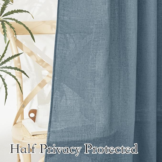 RYB HOME Linen Sheer Window Curtains - Half Privacy Light Filtering Rod Pocket Airy Drapes Small Window Treatment for Bedroom Bathroom Office, Stone Blue, 52 inch Wide x 63 inch Long, 2 Panels