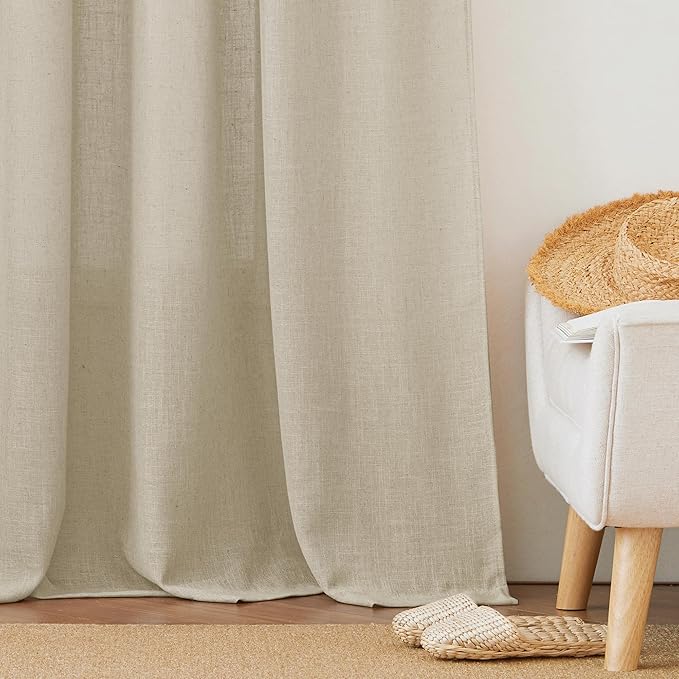 RYB HOME Semi Sheer Curtains 84 inches Long Linen Textured Blend Light Glare Filtering Drapes for Living Room Bedroom Dining Large Window Decor, Beige, 52 x 84 inch Length, 1 Pair