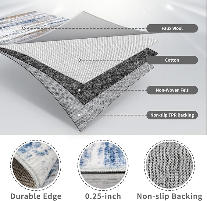 3x6 Washable Runner Rug for Family: Easy-to-Clean Runners for Hallway Entryway Kitchen Bedroom - Stain and Water Resistant Rugs with Non-Slip Backing - Soft Low-Pile Carpet Navy Grey