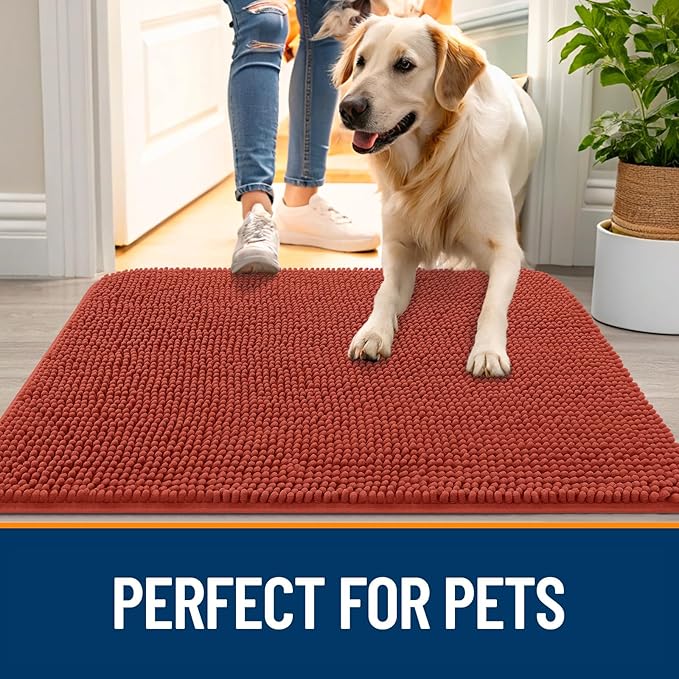 OLANLY Dog Door Mat for Muddy Paws 59x20, Absorbs Moisture and Dirt, Absorbent Non-Slip Washable Doormat, Quick Dry Chenille Mud Mat for Dogs, Entry Indoor Entryway Carpet for Inside Floor, Maple Red